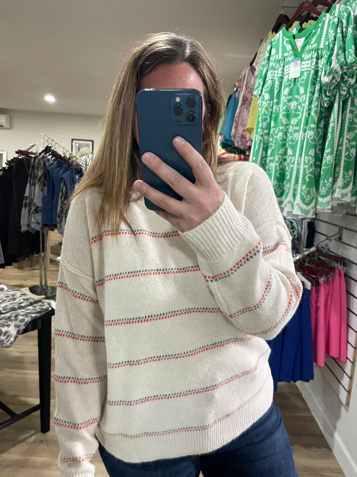 OATMEAL/ORANGE Texture Multi Striped, Crew Neck, Long Sleeve SWEATER