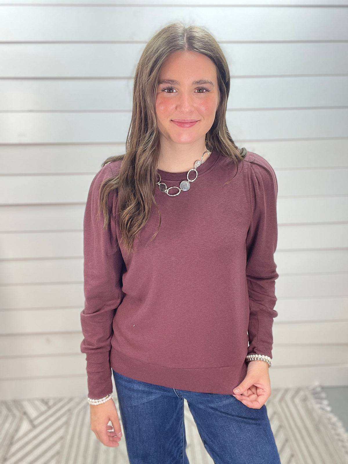 EGGPLANT Crew Neck Pleated Long Balloon Sleeve Solid Inner Brushed KnitTop
