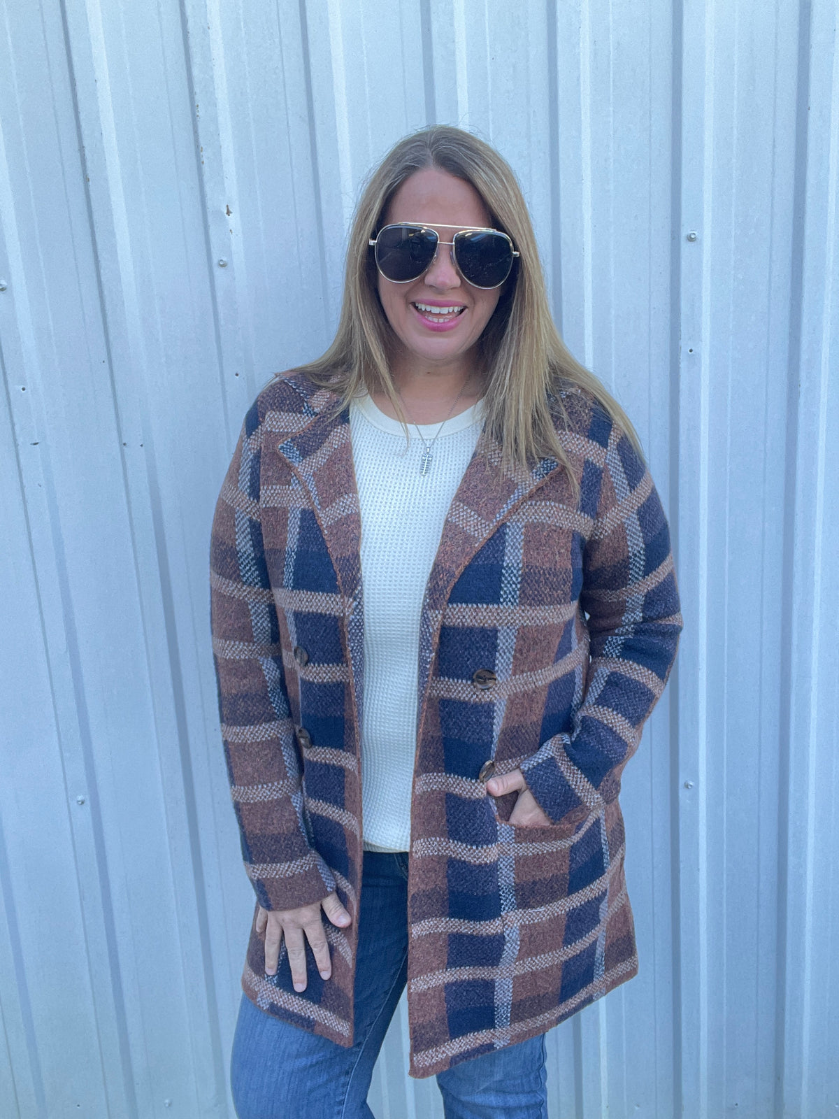 COPPER/ NAVY Check Jacquarded, Tailored Collar CARDIGAN