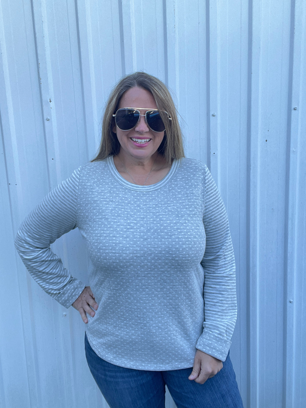 HEATHER GREY Crew NECK, Long Sleeve Polka Dot And Stripe Mixed Knit Top