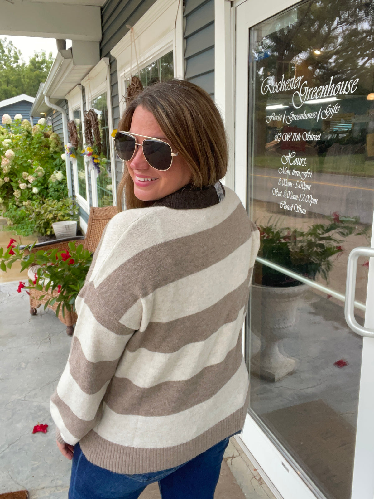 MOCHA/CREAM Heathered Stripe Polo Collar Long Sleeve Sweater