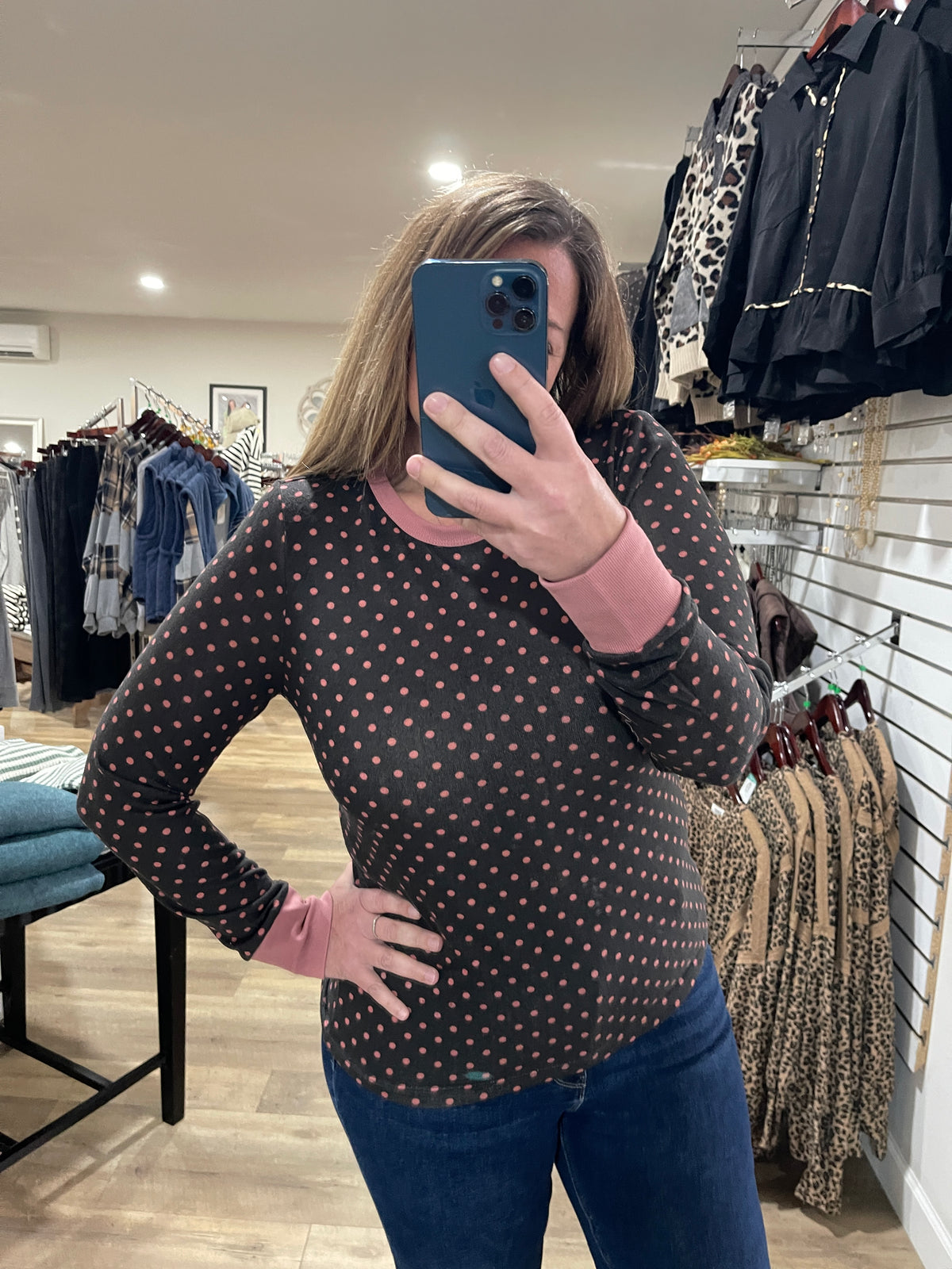 BROWN/PINK Crew Neck, Long Sleeve, Polka Dot Printed Hacci Top