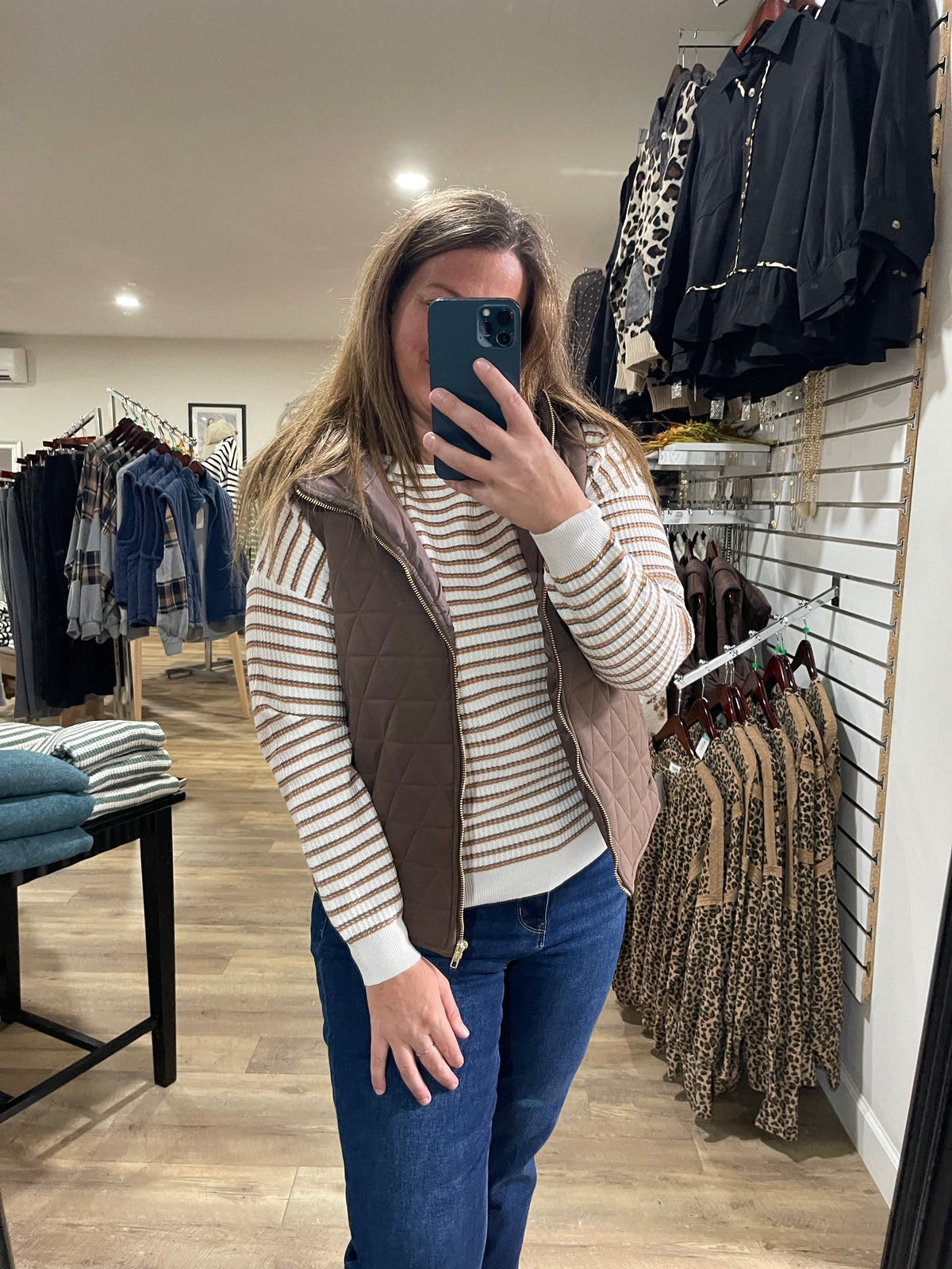 MOCHA/MUSTARD Multi Color Stripes Textured Wide Crew Neck Pullover Sweater