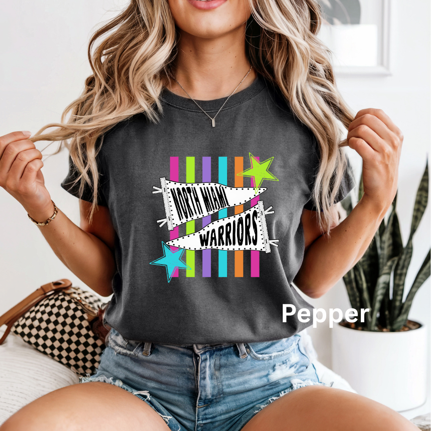 MULTI COLOR STRIPED SCHOOL/MASCOT COMFORT COLORS TEE