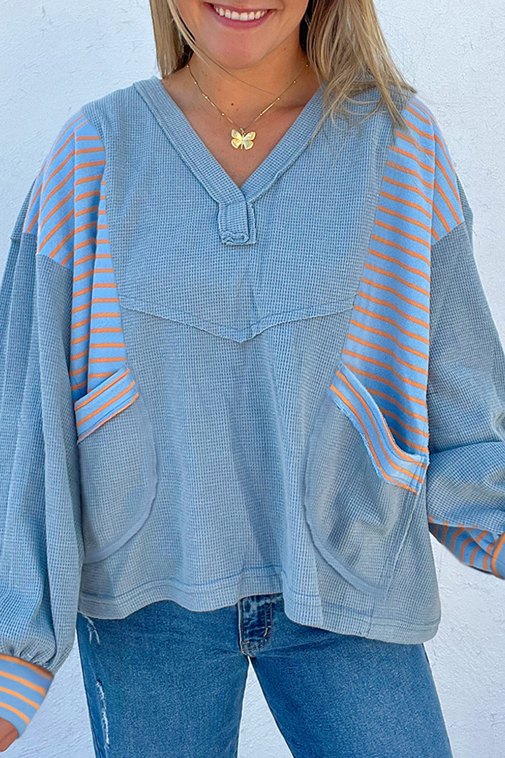 BLUE WAFFLE TEXTURED DOUBLE POCKET OVERSIZED TOP
