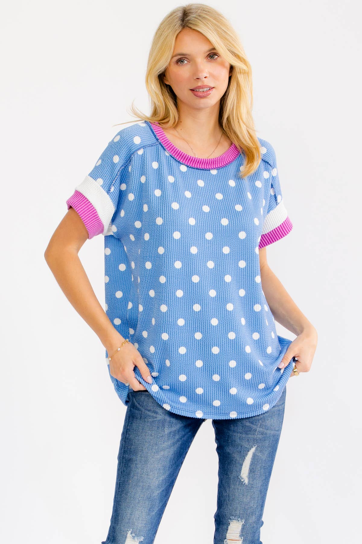 BLUE POLKA DOT RAISED RIBBED KNIT TOP W/ CONTRAST SLEEVE