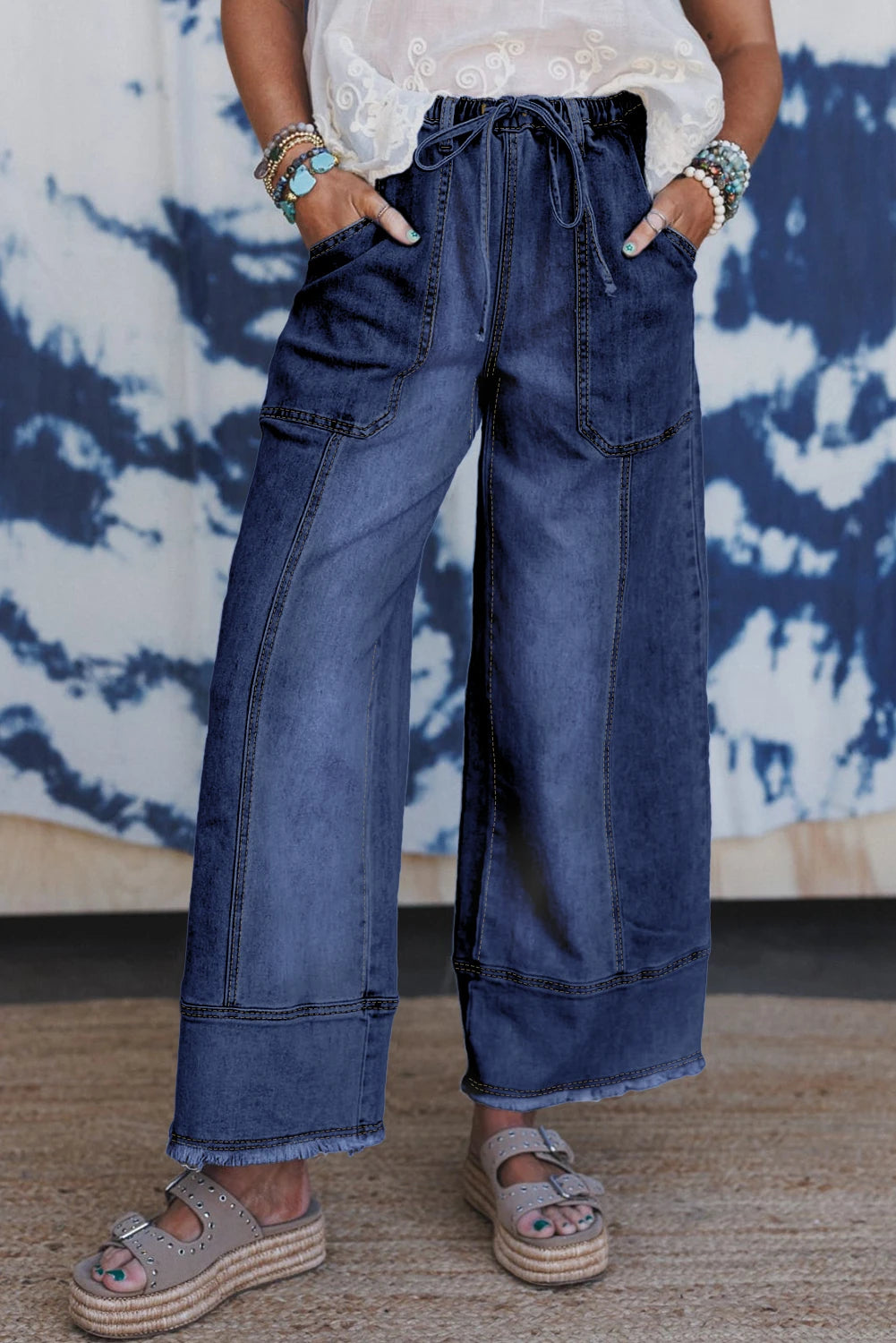 DARK DENIM WIDE LEG FREY HEM JEANS