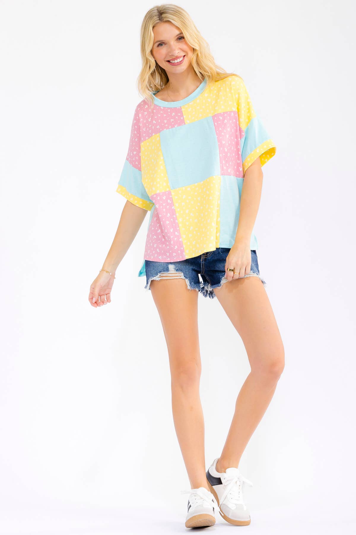 7th Ray - Floral Patchwork Short Sleeve Top T6303: Aqua / S