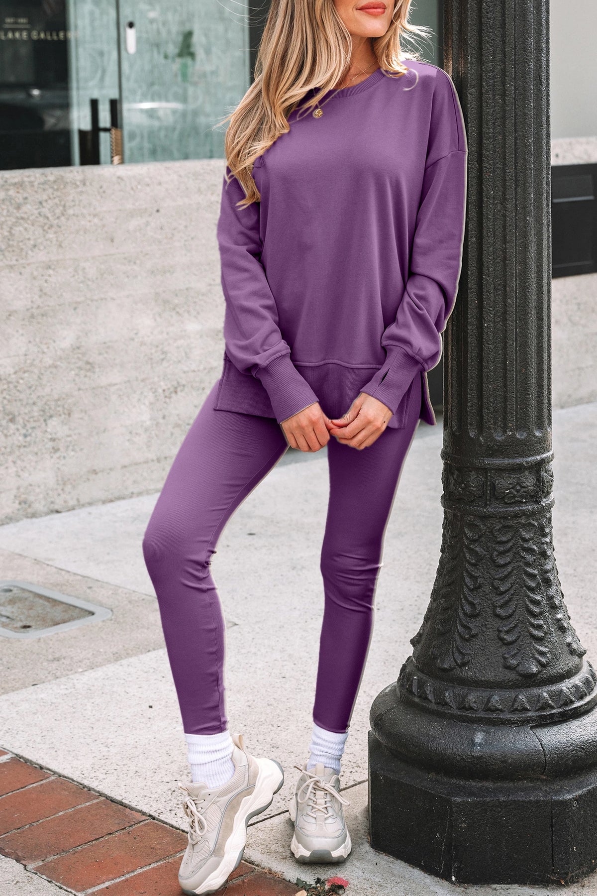 PURPLE FRENCH TERRY PULLOVER W/ RBBED LEGGINGS SET