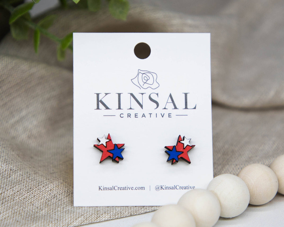 Kinsal Creative - Patriotic Stars Wood Stud Earrings