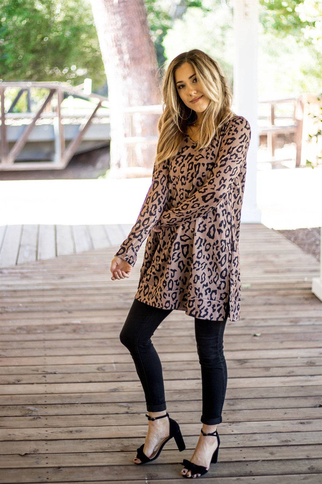 TAUPE ANIMAL PRINT SLIT HEM TUNIC