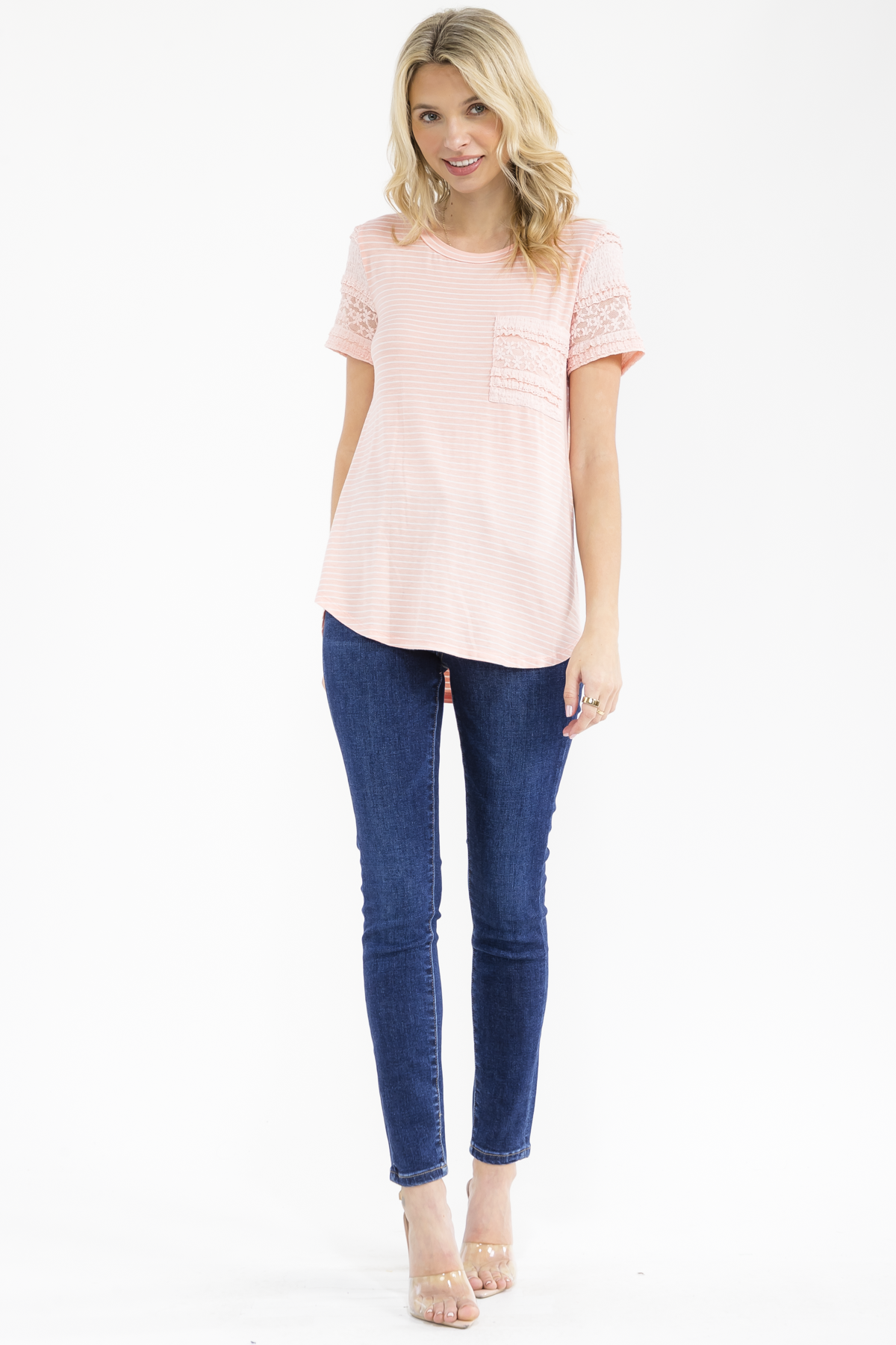 PEACH STRIPED KNIT TOP W/ LACE TRIM