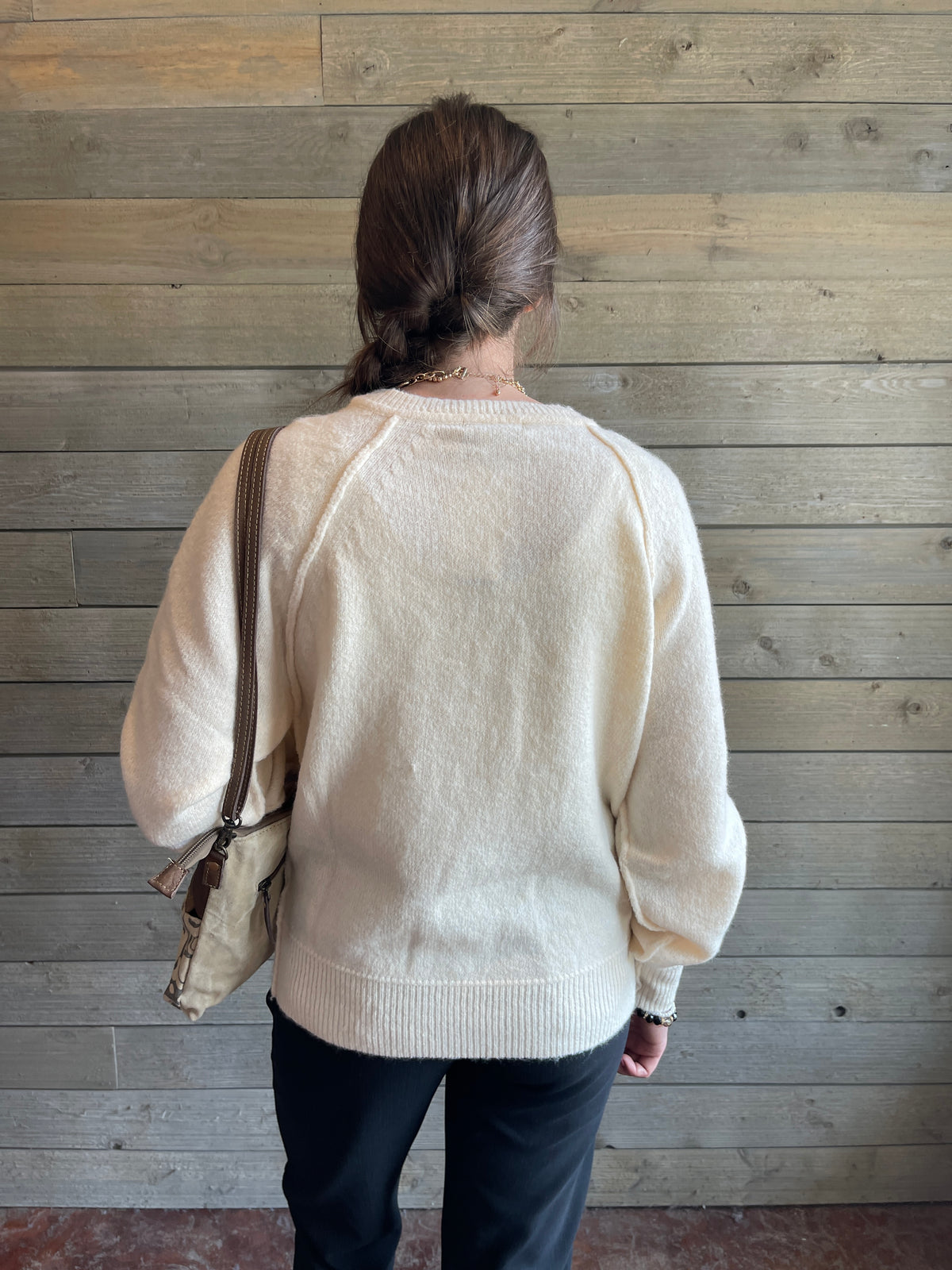Vanilla Cream Knit Henley Sweater with Seams