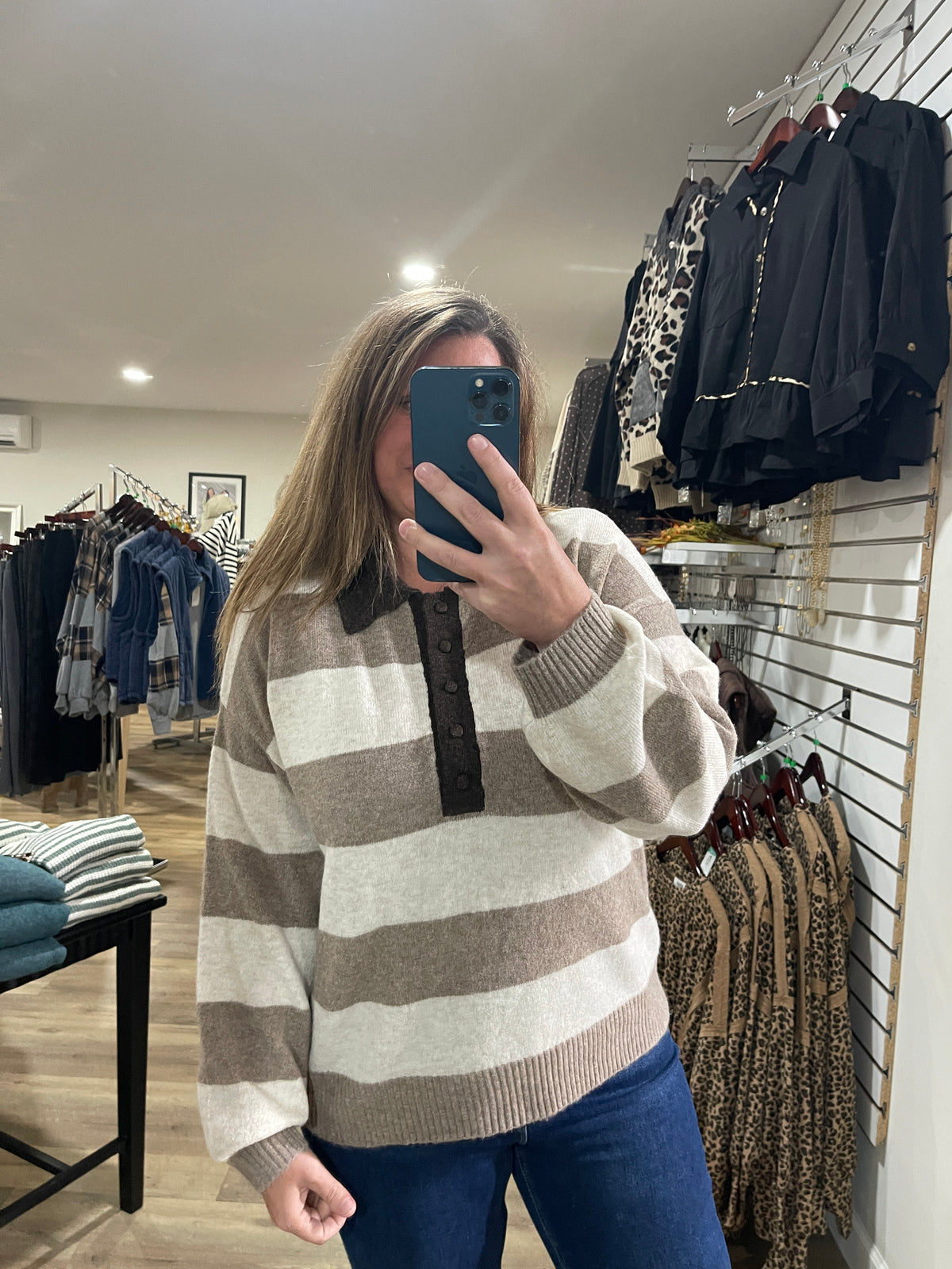 MOCHA/CREAM Heathered Stripe Polo Collar Long Sleeve Sweater