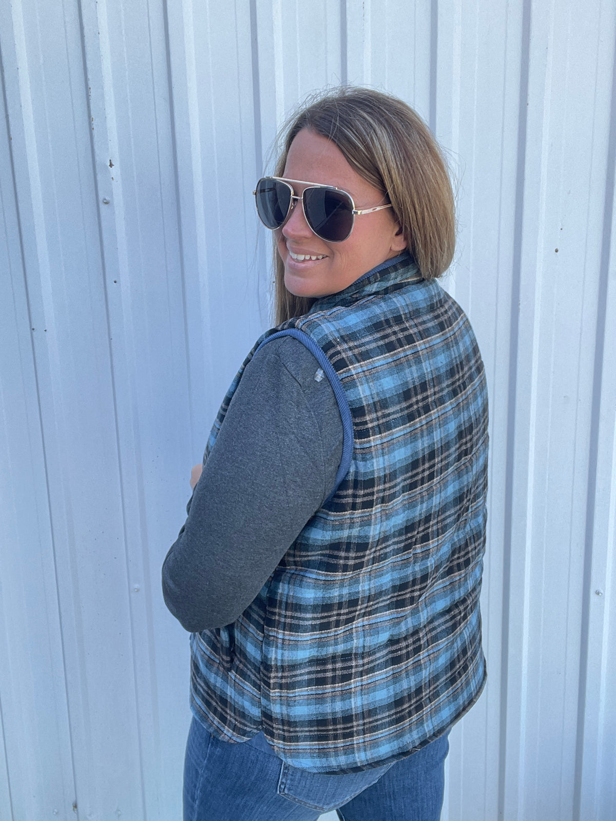 BLUE Contrast Binding, Zip Up Front, Plaid Puffer Vest