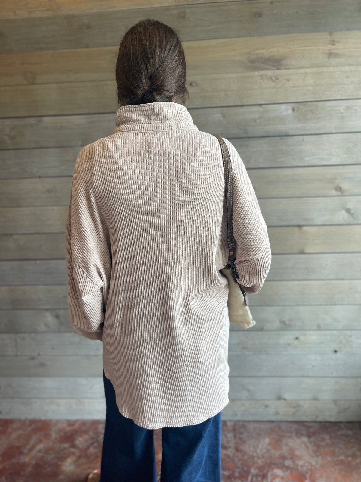 Taupe Mineral Wash Oversized Waffle Knit Button Down Top