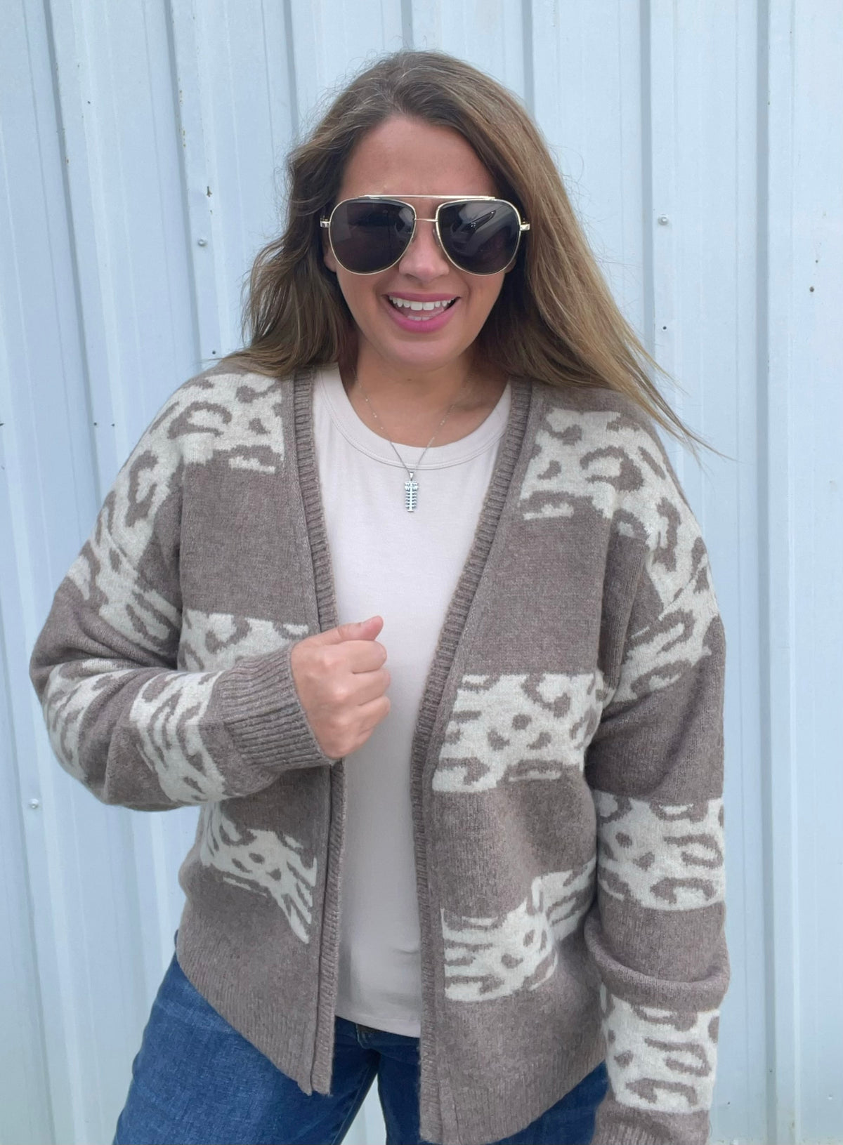 LT MOCHA Leopard Stripe Color Blocked, Open Front SWEATER CARDIGAN