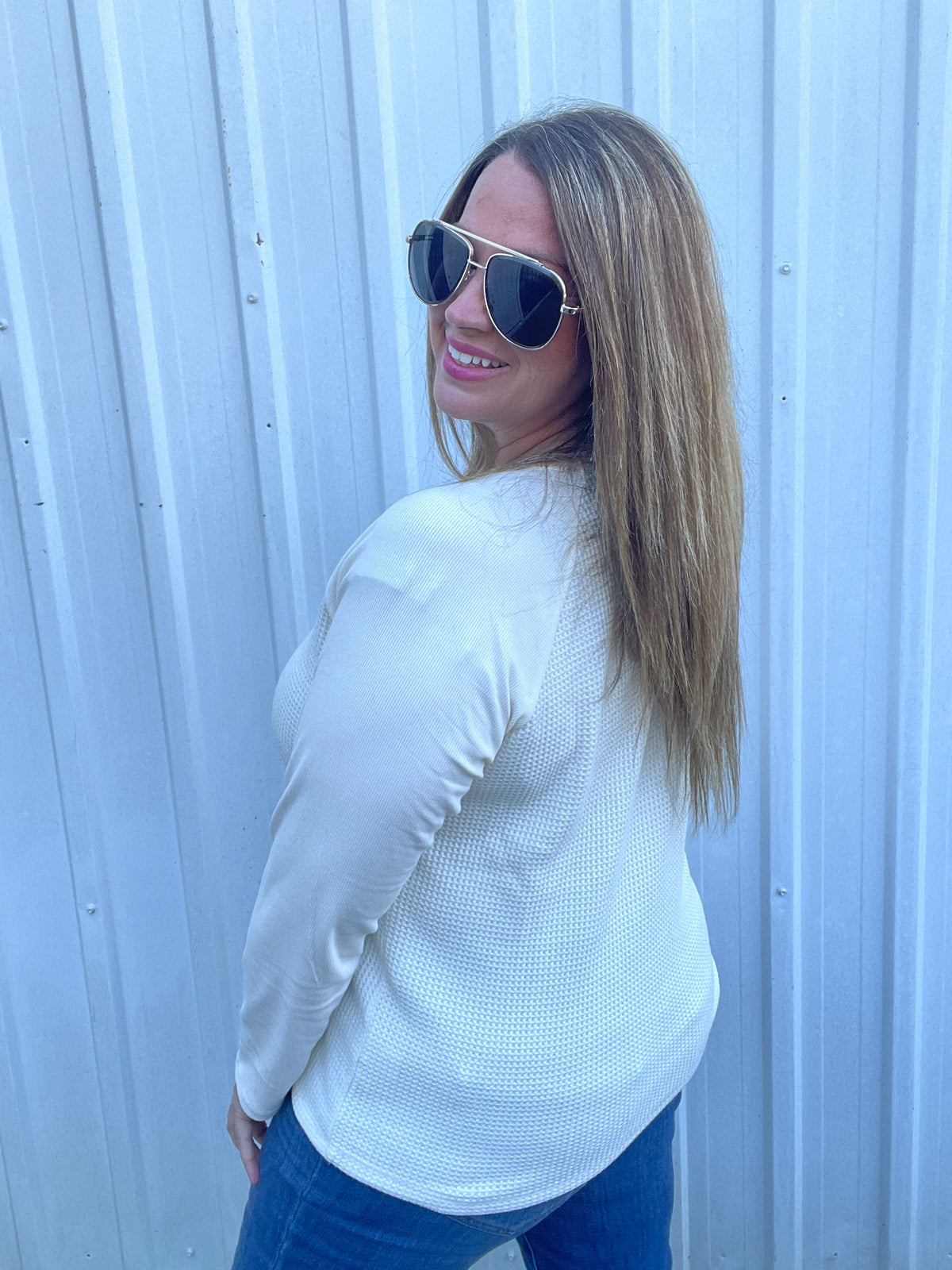 IVORY Waffle & Solid Mixed, Long sleeve Knit Top