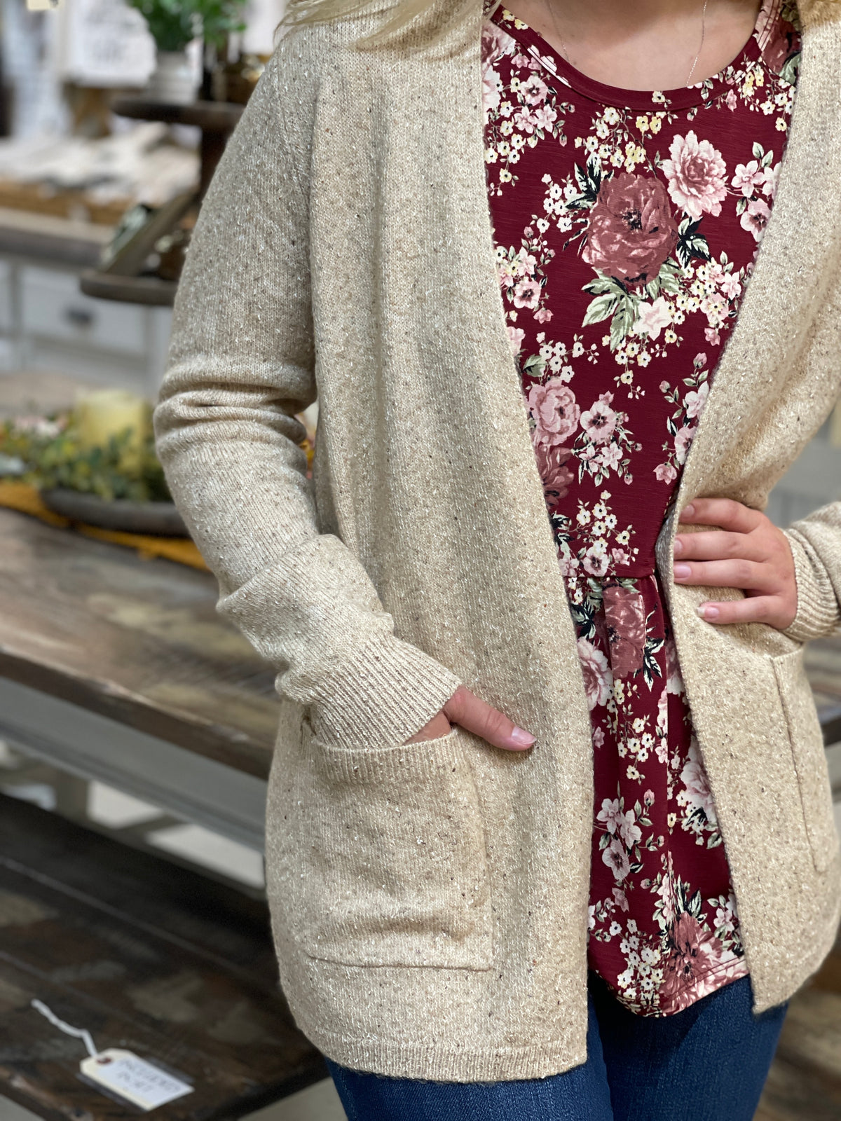 TAUPE SPECK OPEN FRONT CARDIGAN