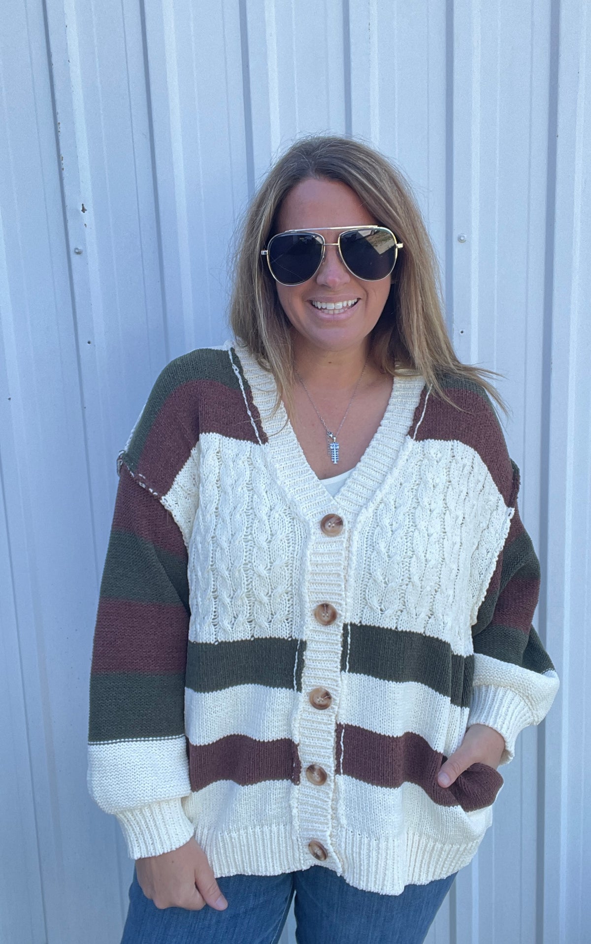 IVORY/BROWN/OLIVE CABLE KNIT OVERSIZE BUTTON CARDIGAN/SWEATER