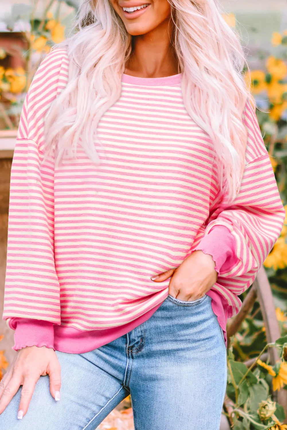 PINK STRIPED LOOSE KNIT LONG SLEEVE TOP