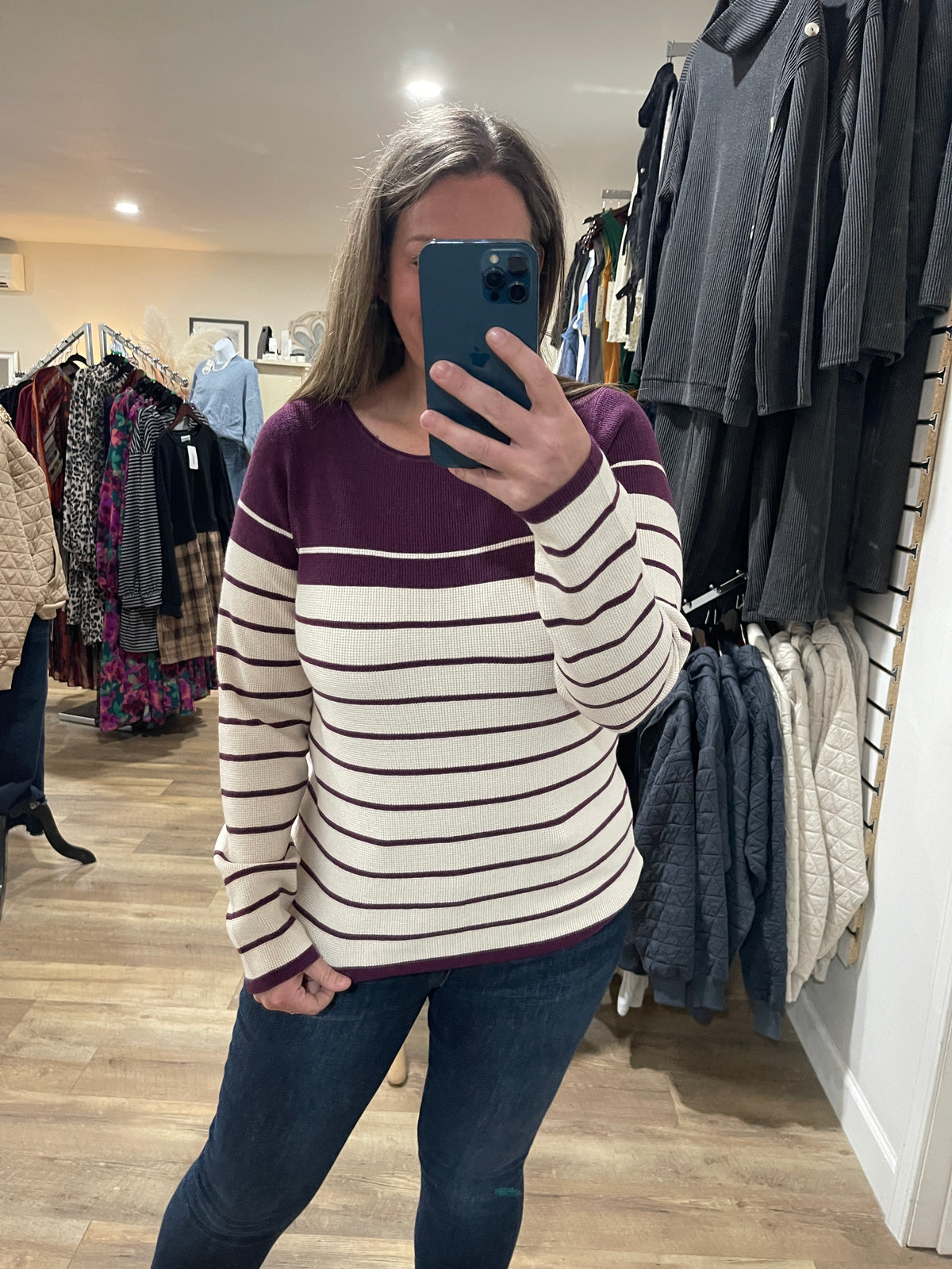 PLUM STRIPED WAFFLE TEXTURED KNIT TOP