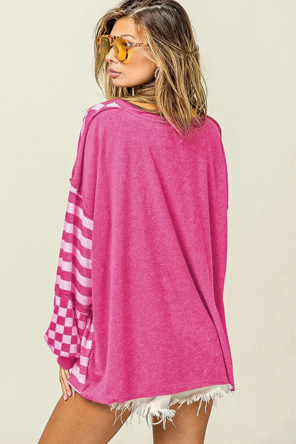 PINK OVERSIZED CHECKERED PATCHWORK KNIT TOP