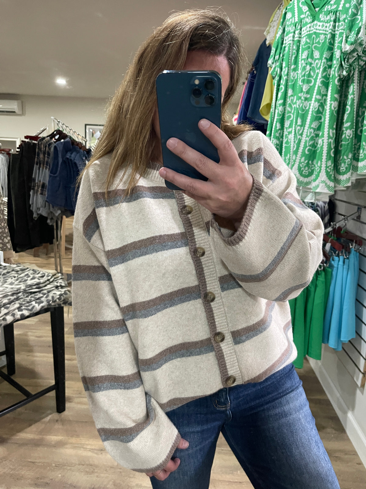 OATMEAL MULTI STRIPED BUTTON DOWN OVERSIZED SWEATER