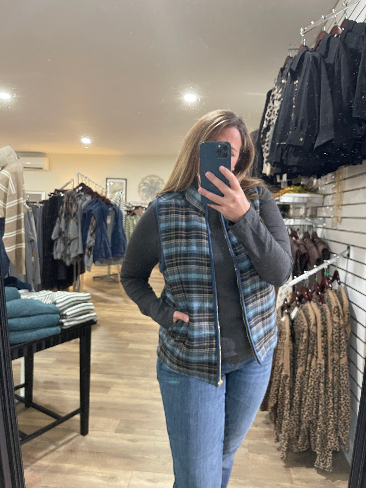 BLUE Contrast Binding, Zip Up Front, Plaid Puffer Vest