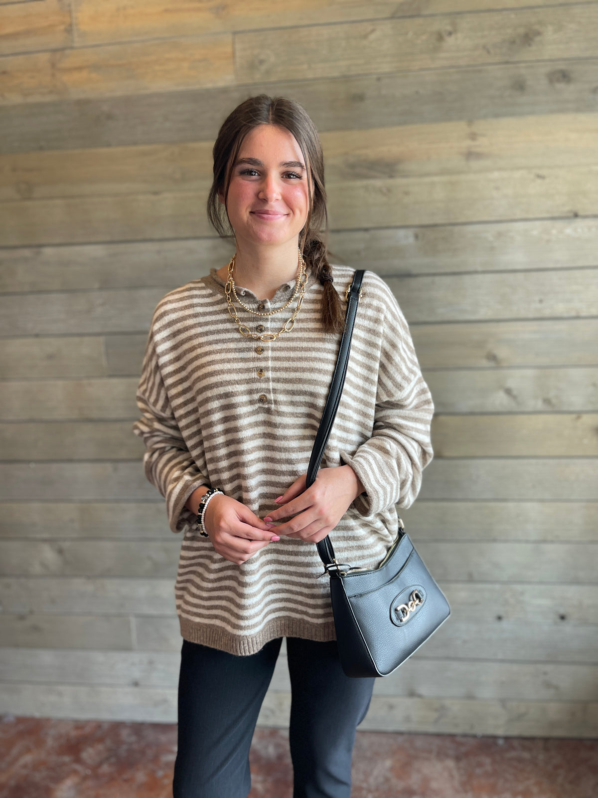 MOCHA/CREAM STRIPED ROLLED EDGE HENLEY RELAXED PULLOVER SWEATER