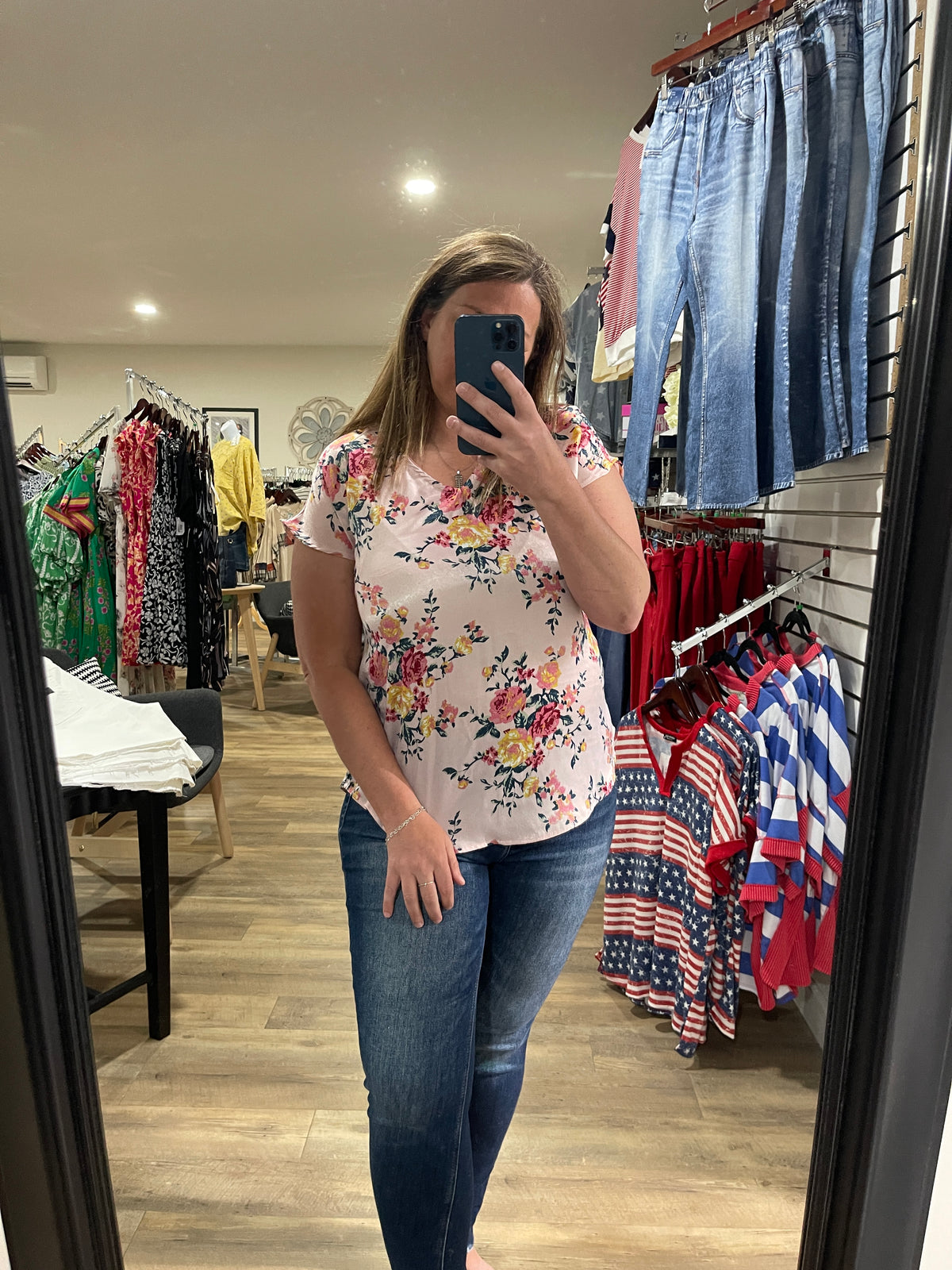 PINK FLORAL V NECK WOVEN TOP