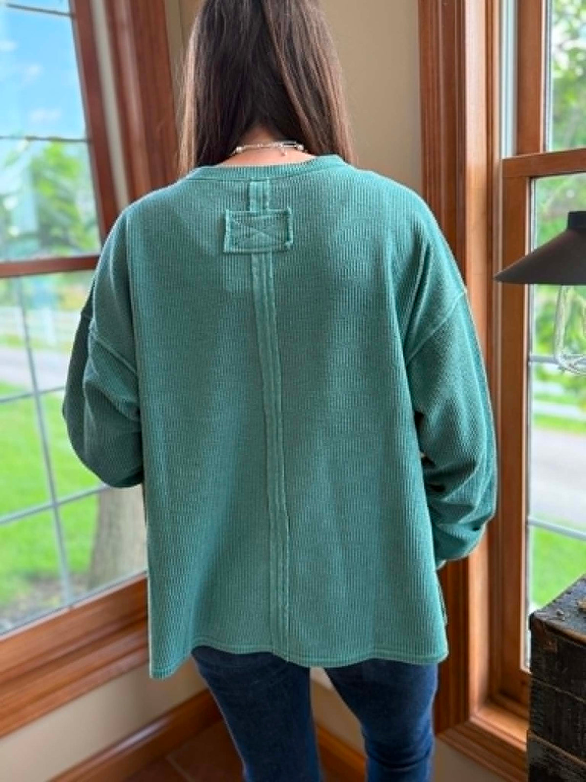 GREEN RIBBED TEXTURED HALF BUTTON TOP