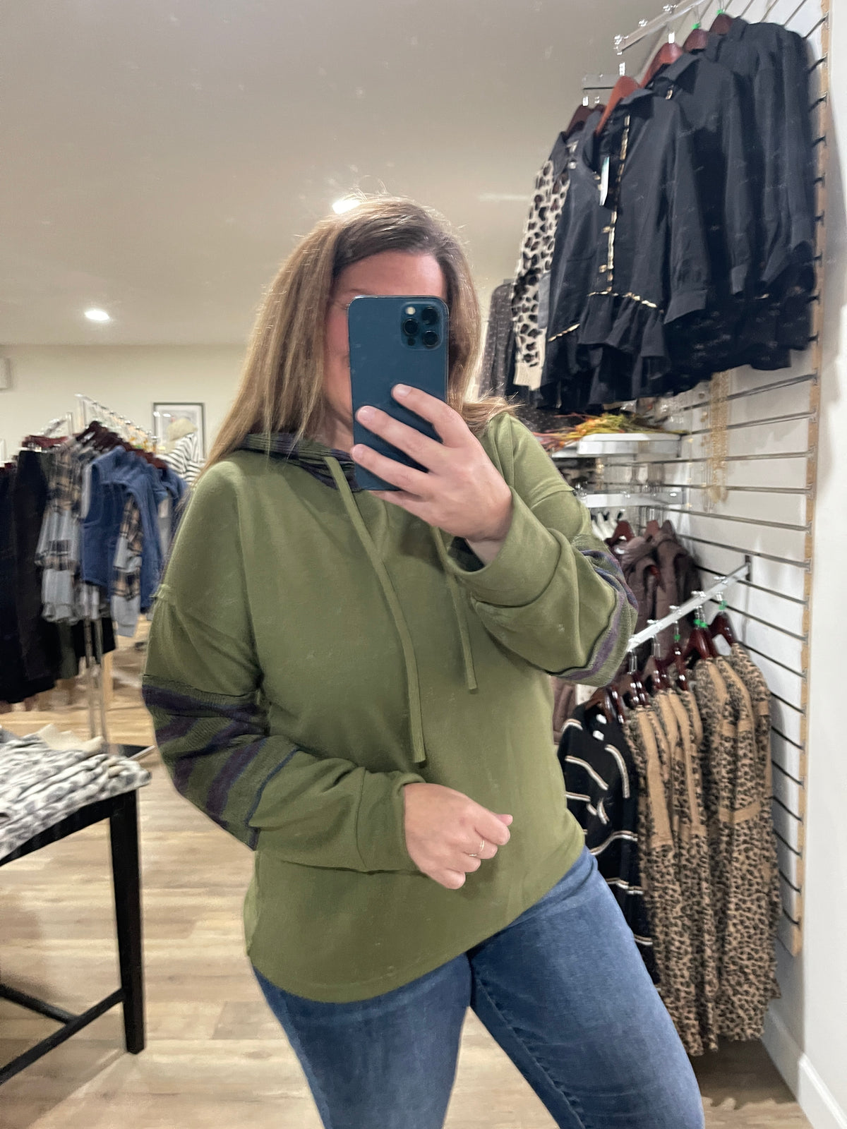 OLIVE Raw Edge Detail, Drawstring Hood, French Terry PULLOVER