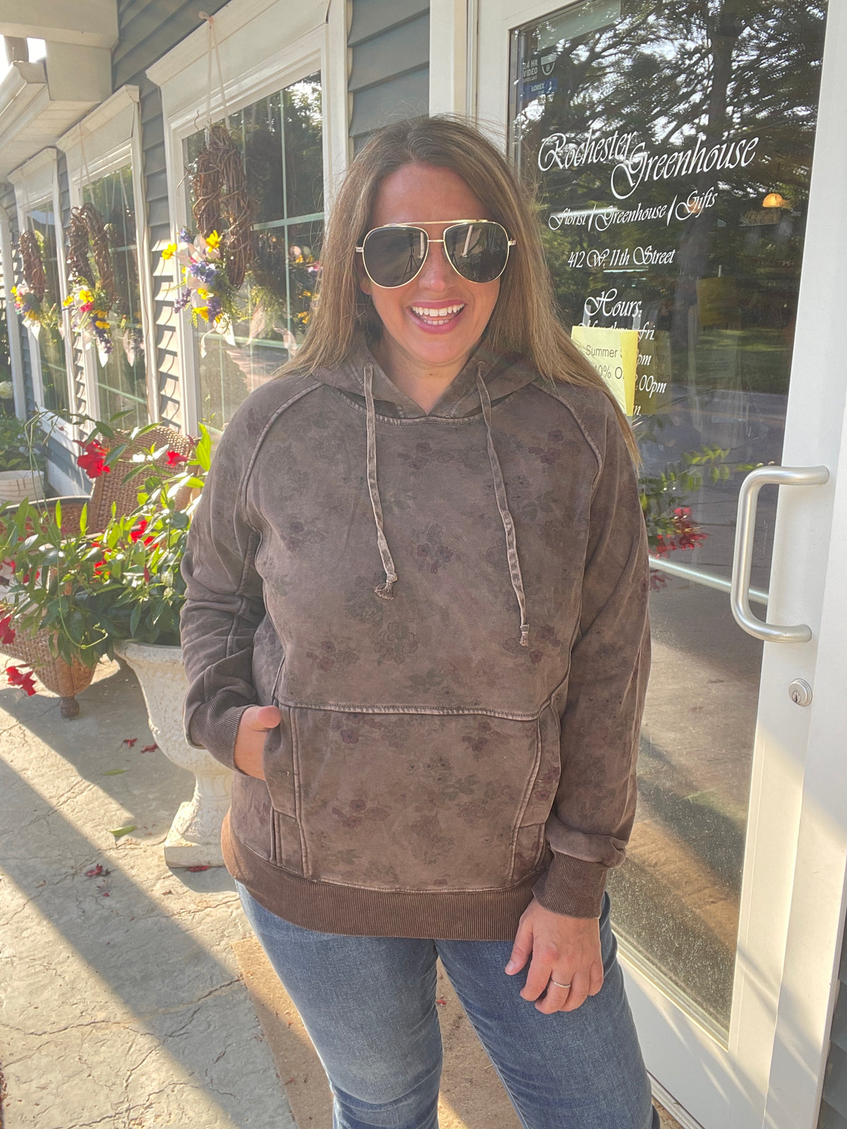 CHOCOLATE BROWN FLORAL MINERAL WASH HOODIE