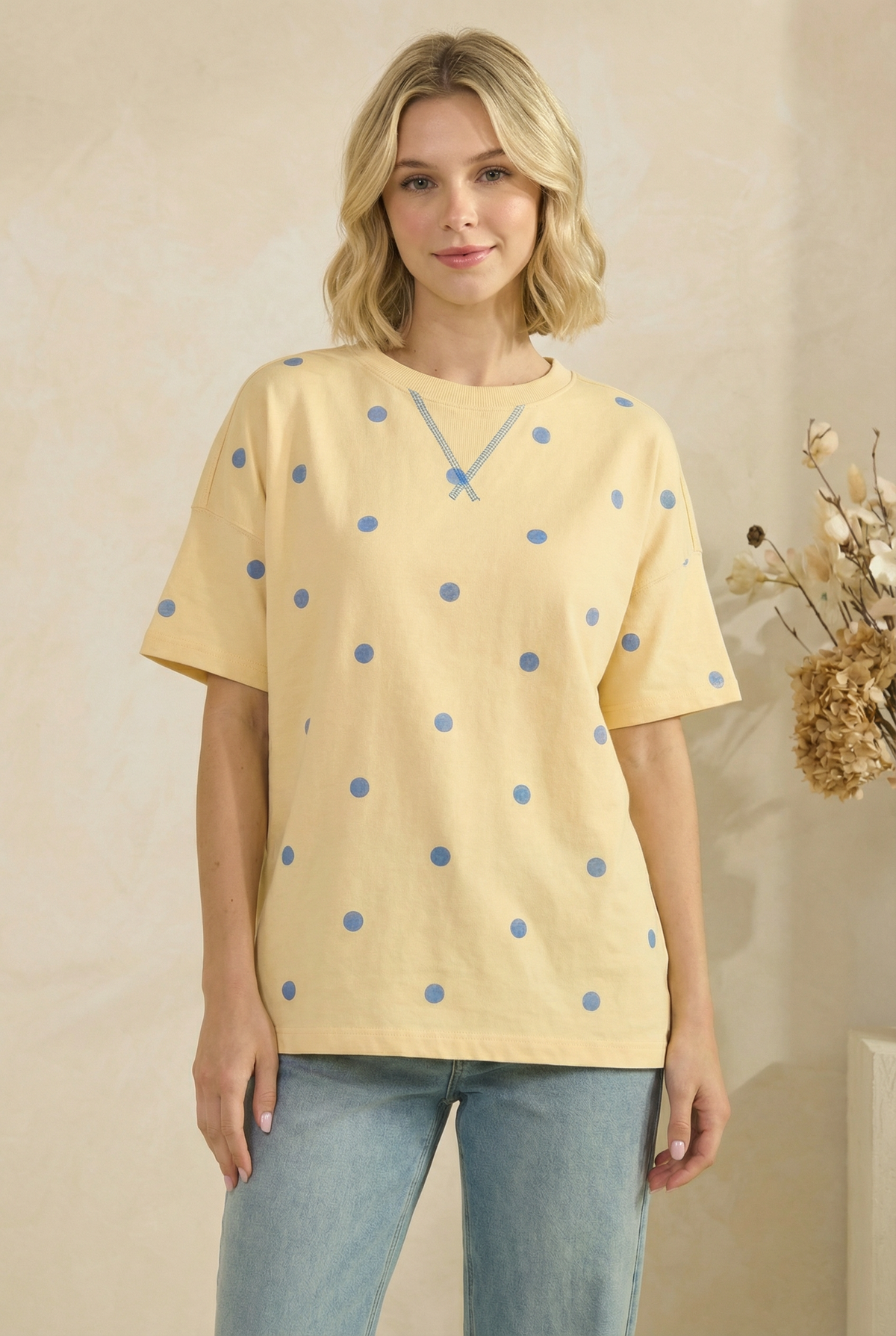 YELLOW/BLUE POLKADOT KNIT TOP