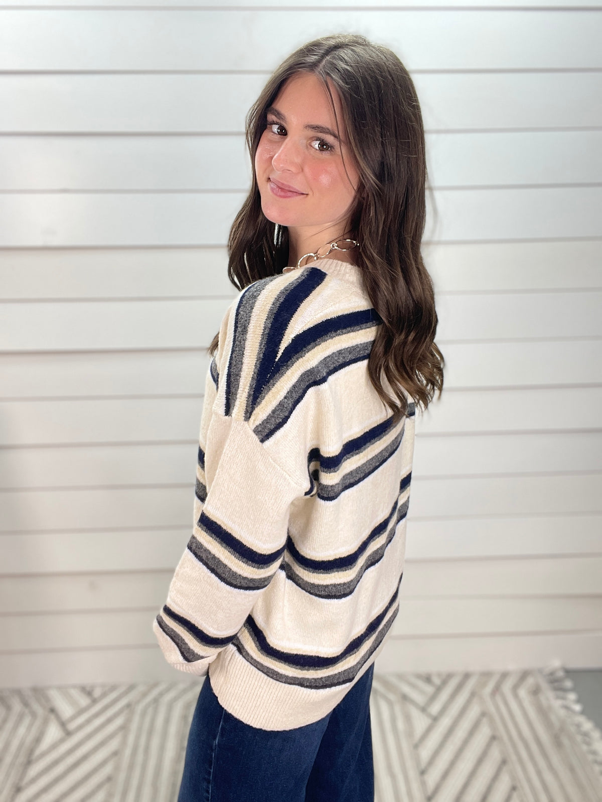 OATMEAL STRIPED V NECK KNIT SWEATER