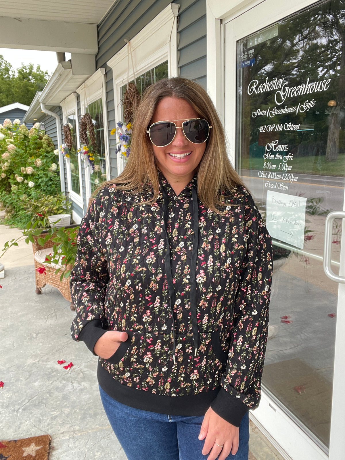 BLACK Printed Quilted Hoodie Pullover Top Kangaroo Pocket