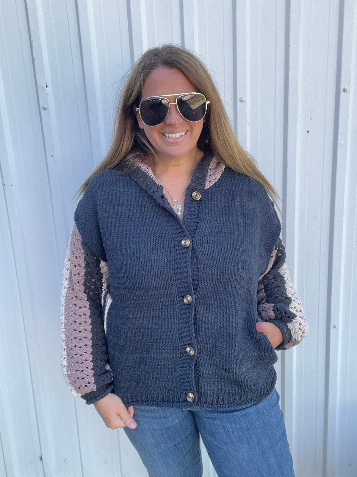 NAVY BUTTON KNIT SWEATER W/ OPEN KNIT COLORBLOCK SLEEVES