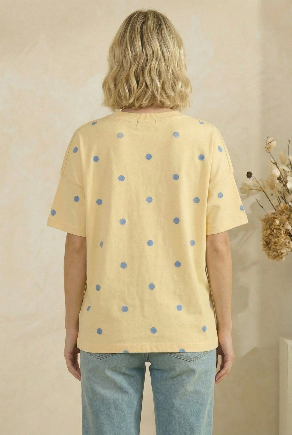 YELLOW/BLUE POLKADOT KNIT TOP