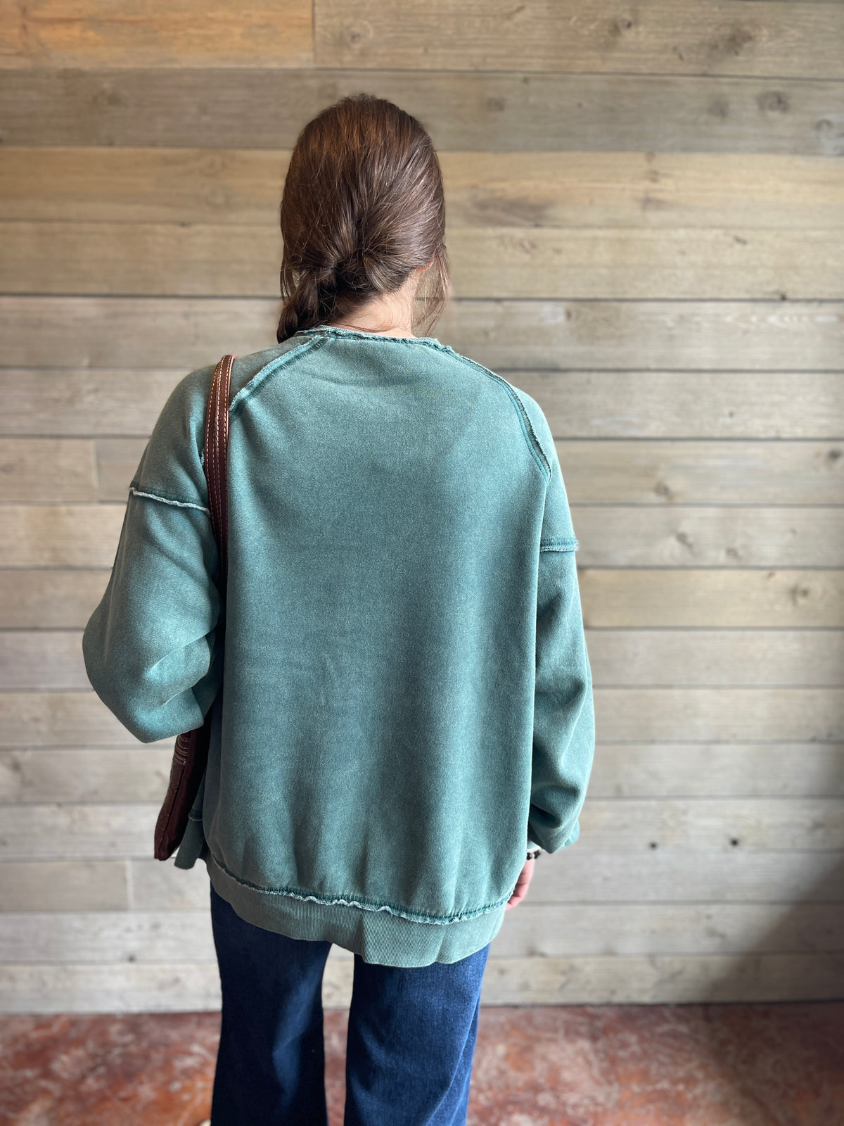 Green Mineral Wash Soft Fleeve Lined Oversized Pullover