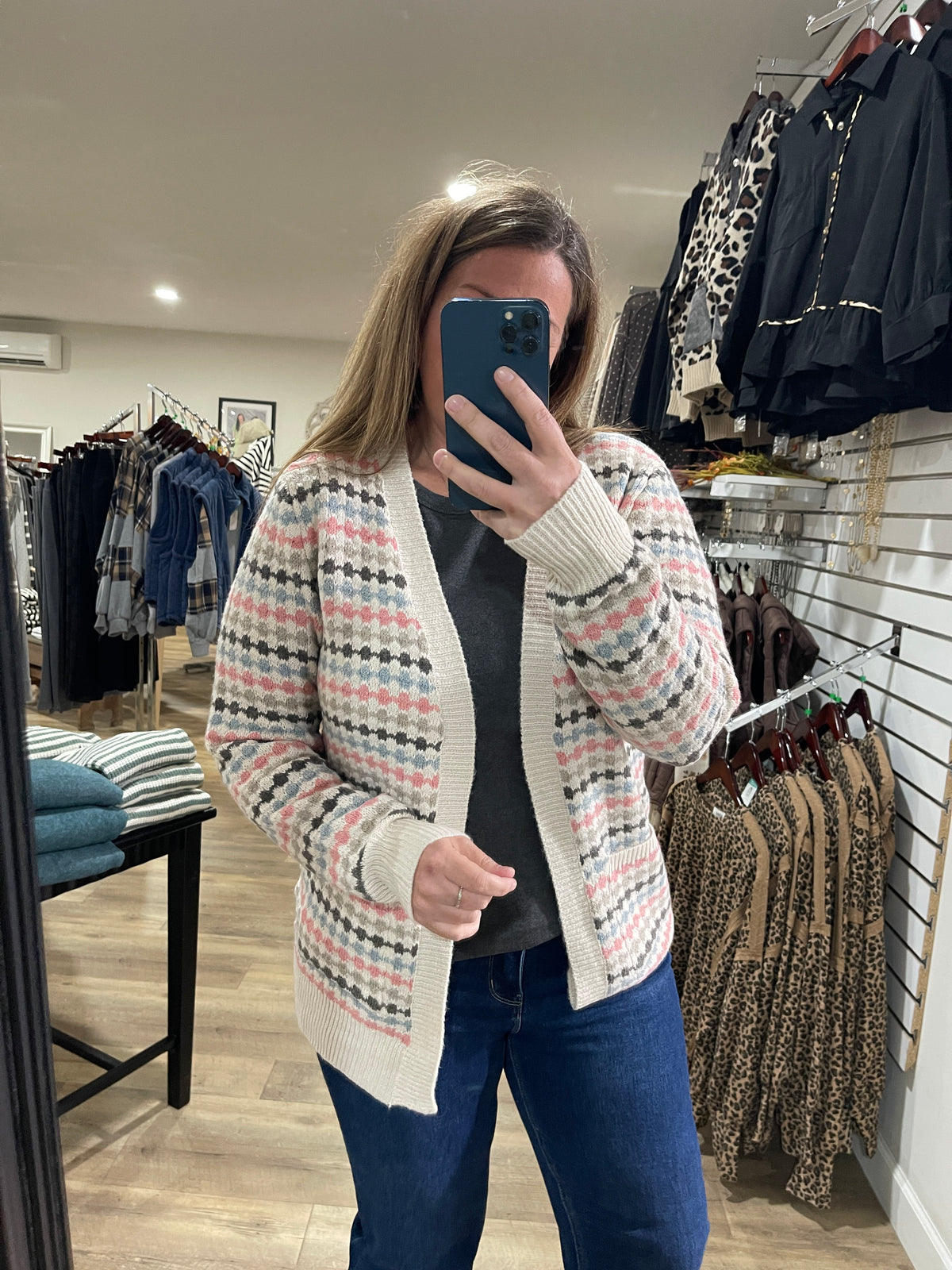 PINK/TAUPE Multi Color Texture, Open Front Sweater Cardigan