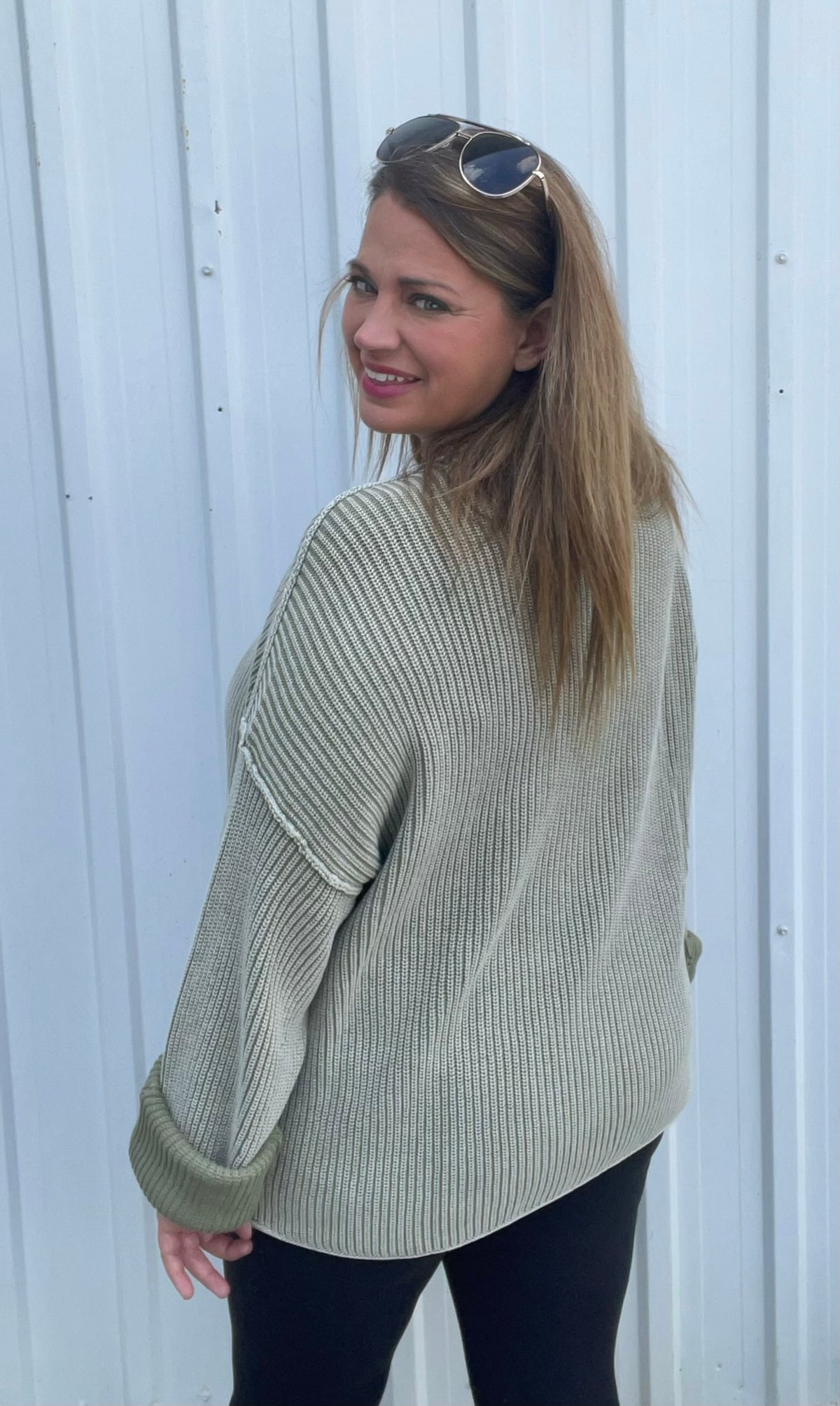 Light Olive Washed Ribbed Long Sleeve Folded Cuff Knit Sweater
