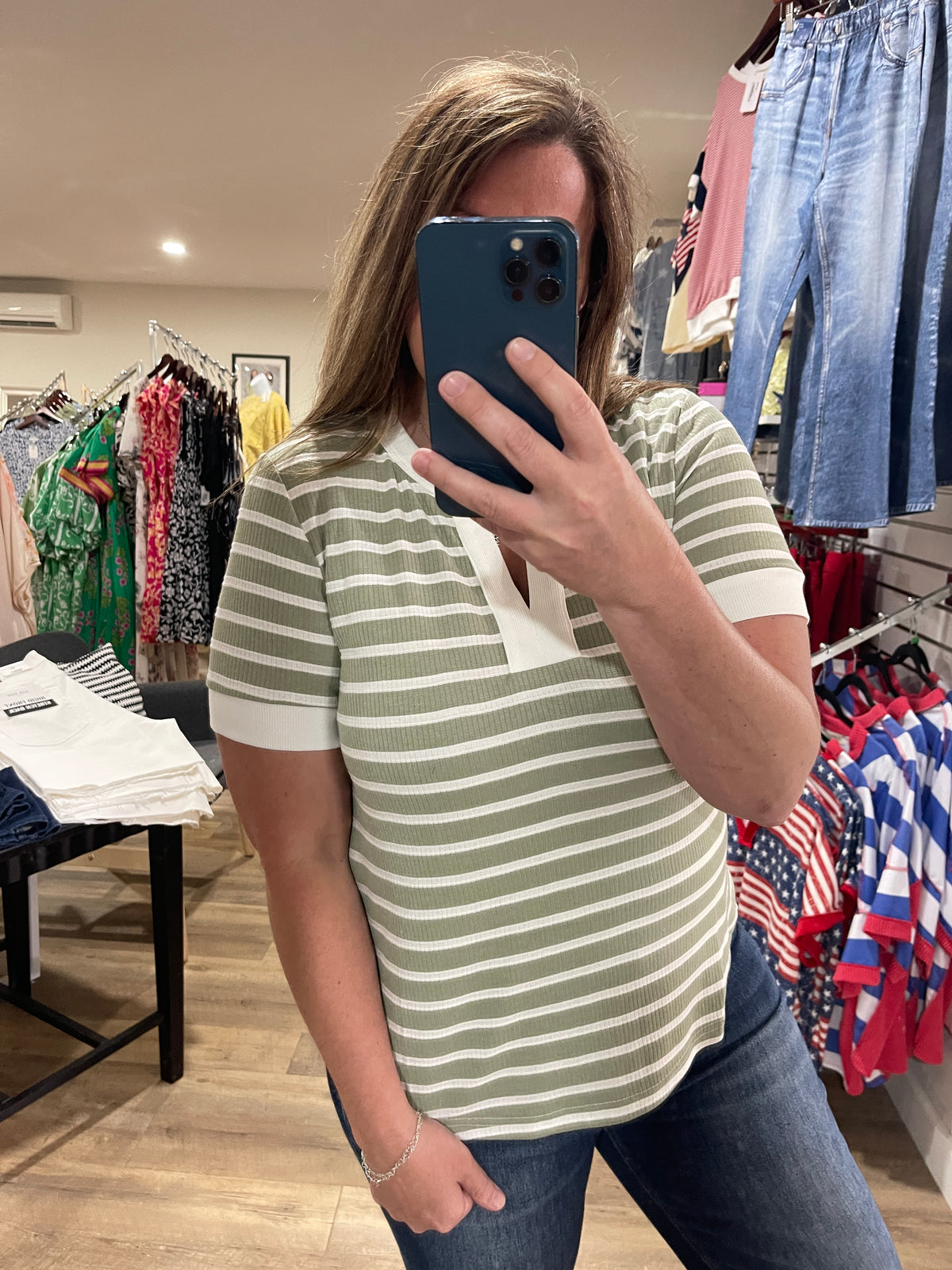 SAGE STRIPED V NECK KNIT TOP