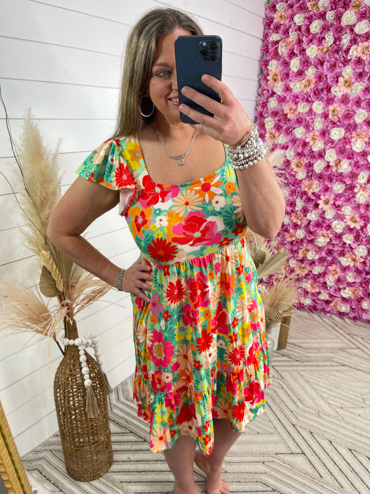 BRIGHT FLORAL SQUARE NECK BUTTER DRESS