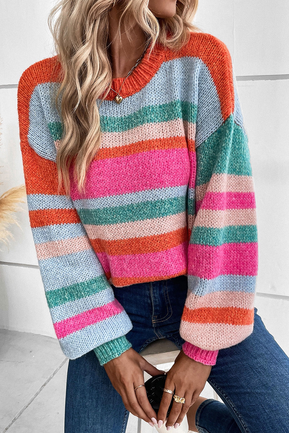 MULTICOLOR STRIPED KNIT DROP SHOULDER SWEATER