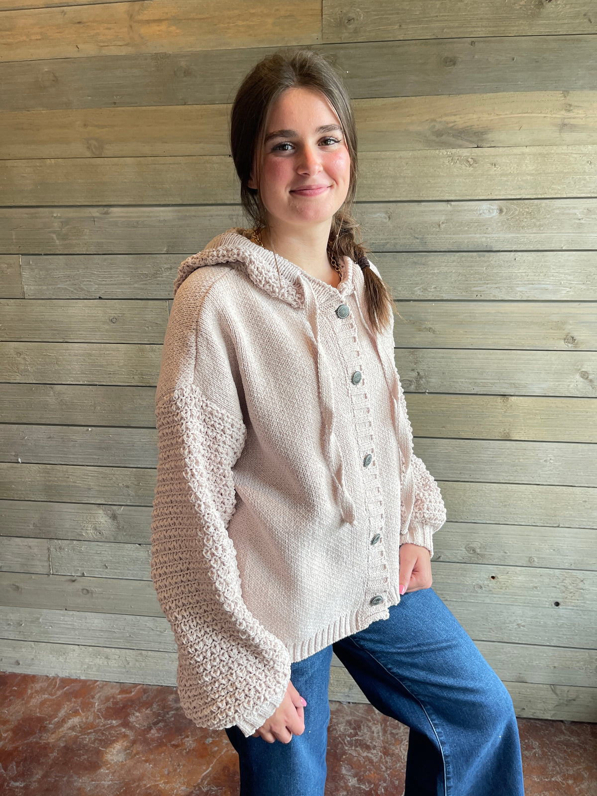 BEIGE BUTTON DOWN HOODED OVERSIZED SWEATER WITH KNITED SLEEVES