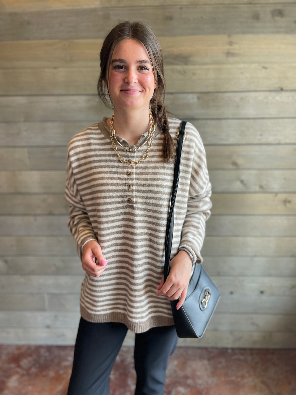MOCHA/CREAM STRIPED ROLLED EDGE HENLEY RELAXED PULLOVER SWEATER