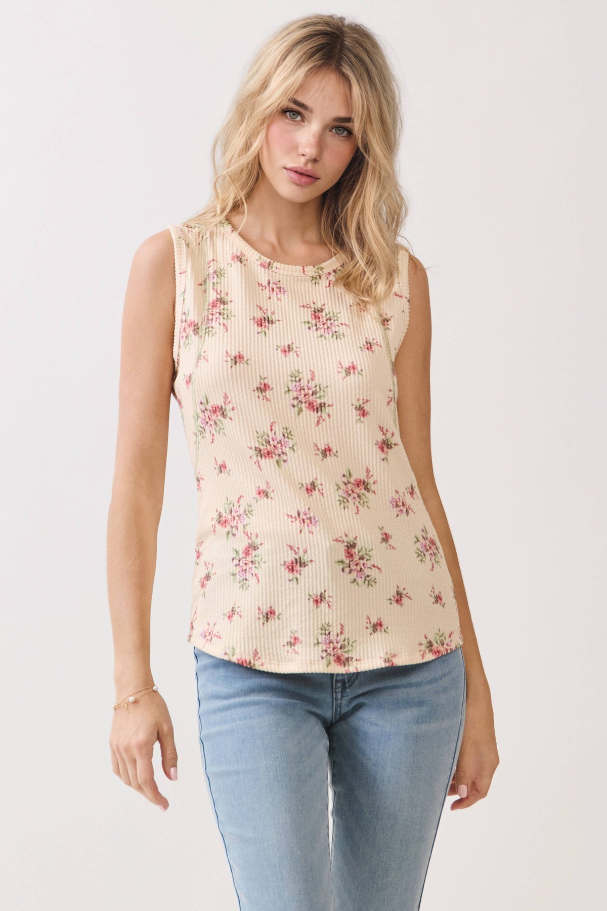 CREAM FLORAL RAISED RIBBED FLORAL TANK TOP