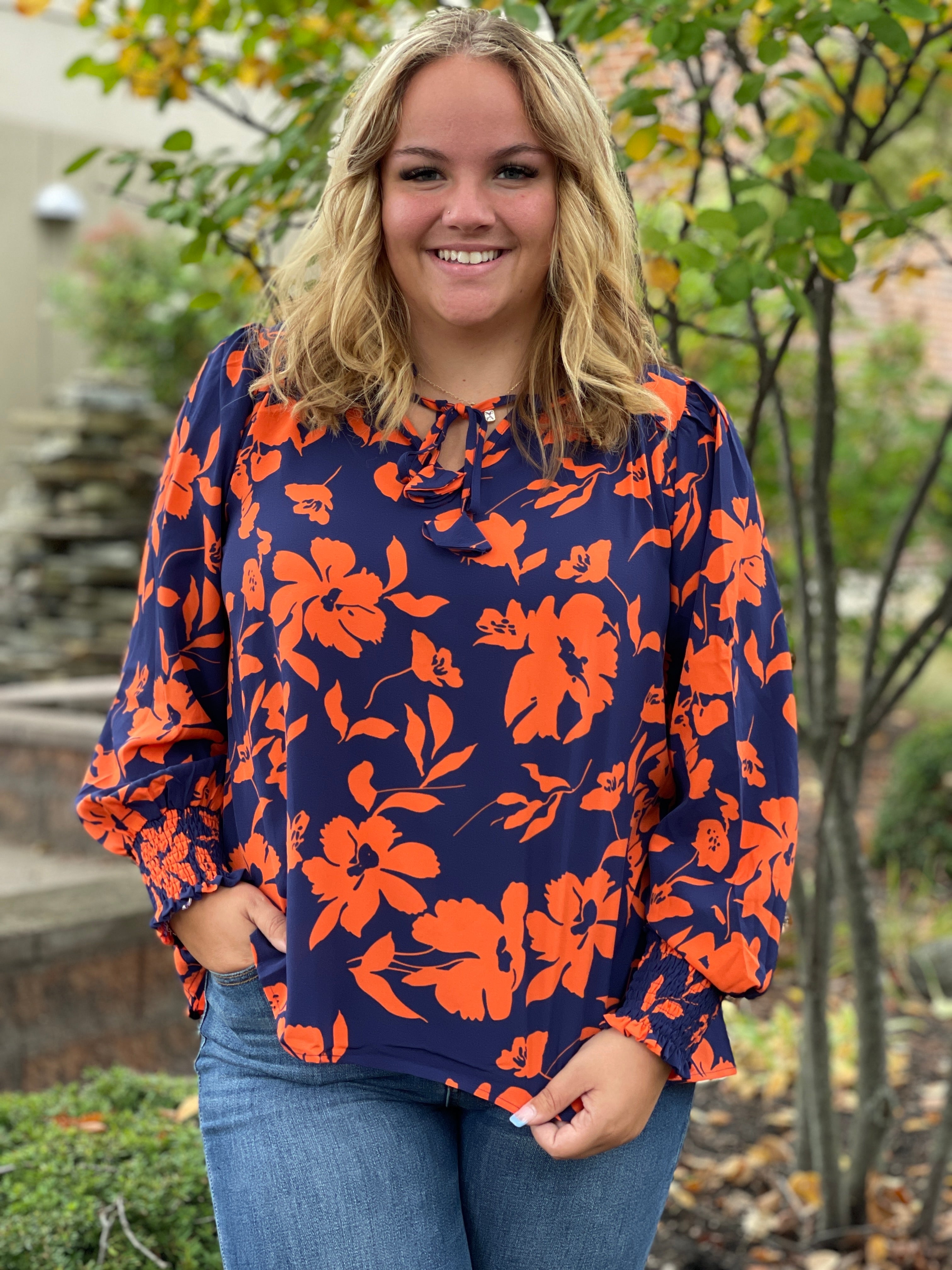 MIDNIGH/NEON ORANGE FLORAL PEASANT TIE BLOUSE