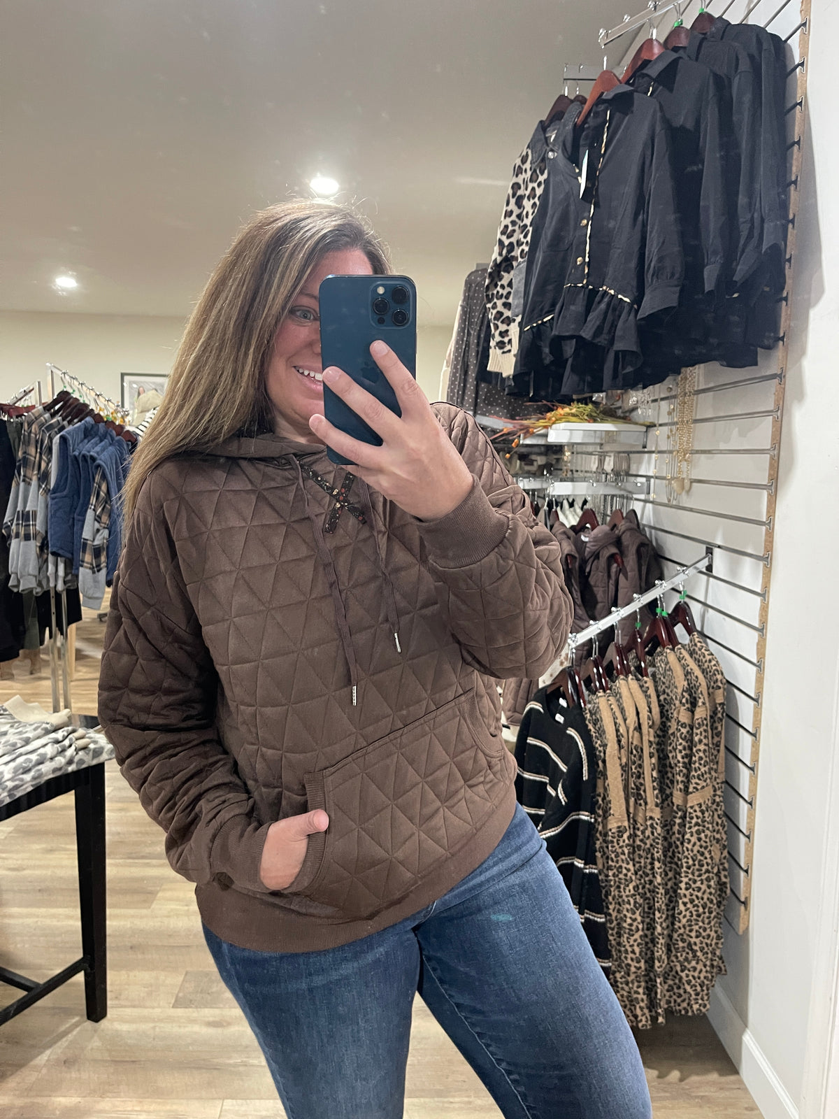 BROWN Quilted Hoodie Pullover Top With Contrast Floral Print